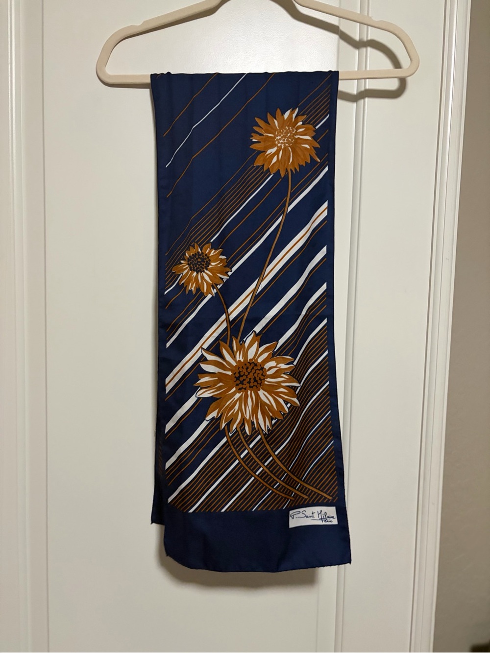 💙🌻Vintage Parisian Silk Scarf Navy Floral Gold Sunflower Accent 10x52 inches 🌻💙